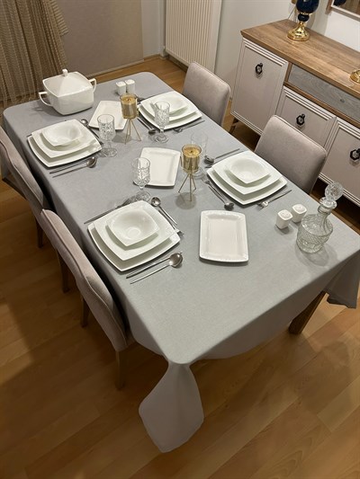 Zeren Home Elite Masa Örtüsü + Runner Takım | Lekeye Dayanıklı Simli Gri