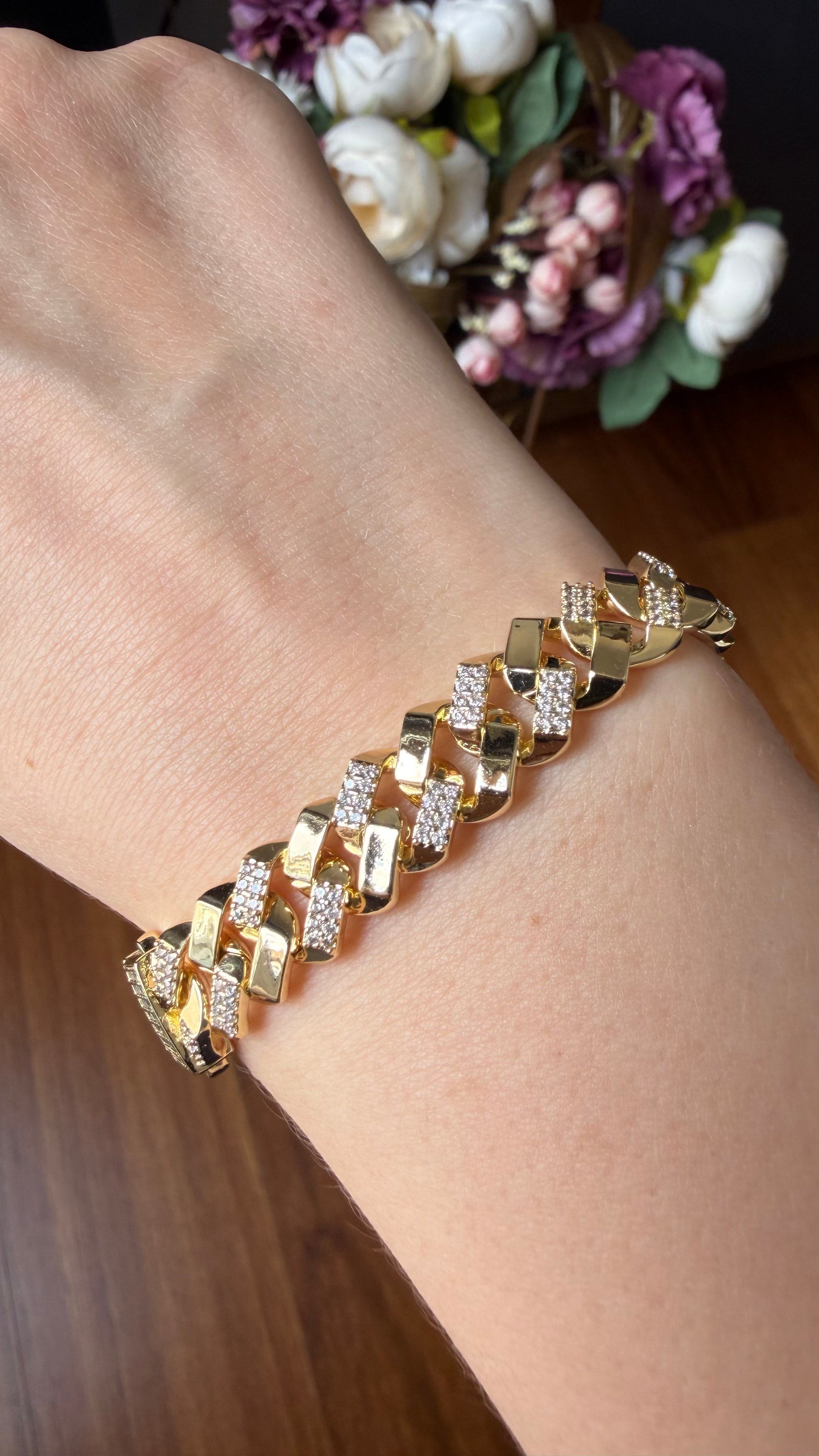Gold Gurmet 14K Kaplamalıdır Kilit Full Taşlı Bileklikler 