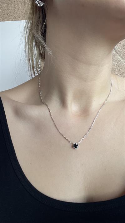 925 Ayar Mini Boy Siyah Yonca Kolye