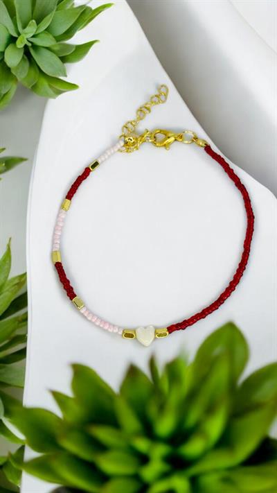 Kırmızı Kum Boncuklu Kalp Detaylı Bileklik yada Halhal