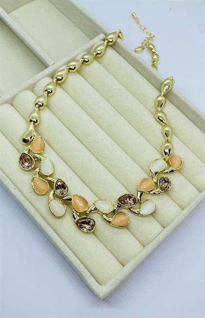 Premium Seri Damla Bej Renk Taşlı Kolye
