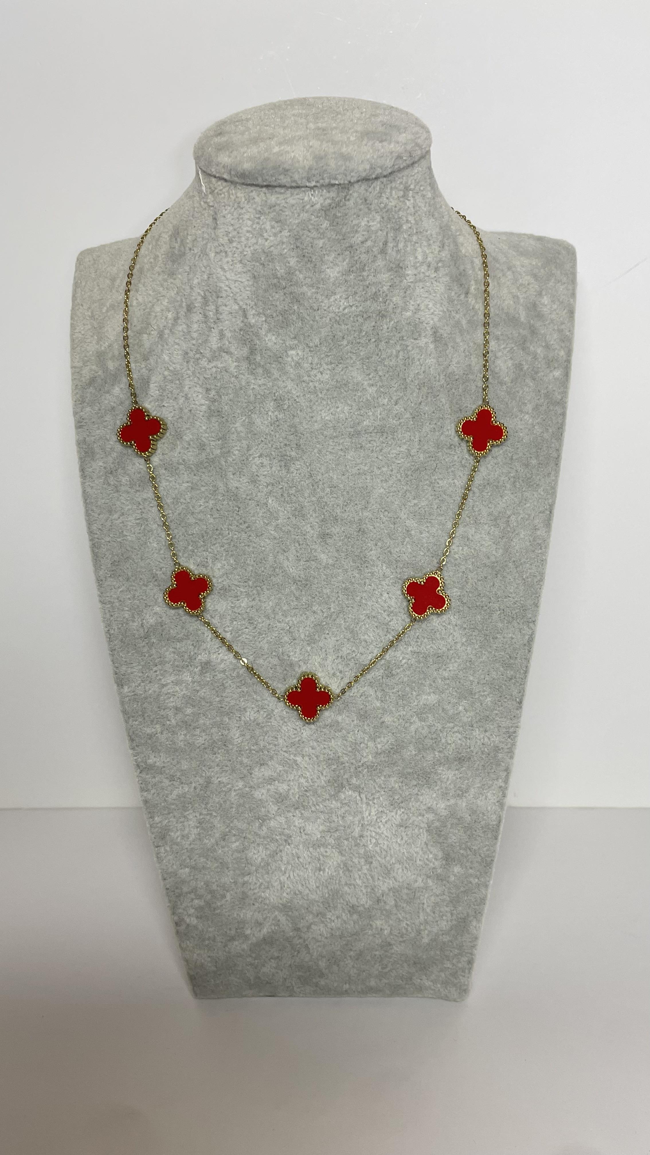 Çelik Kırmızı Gold Yonca Kolye