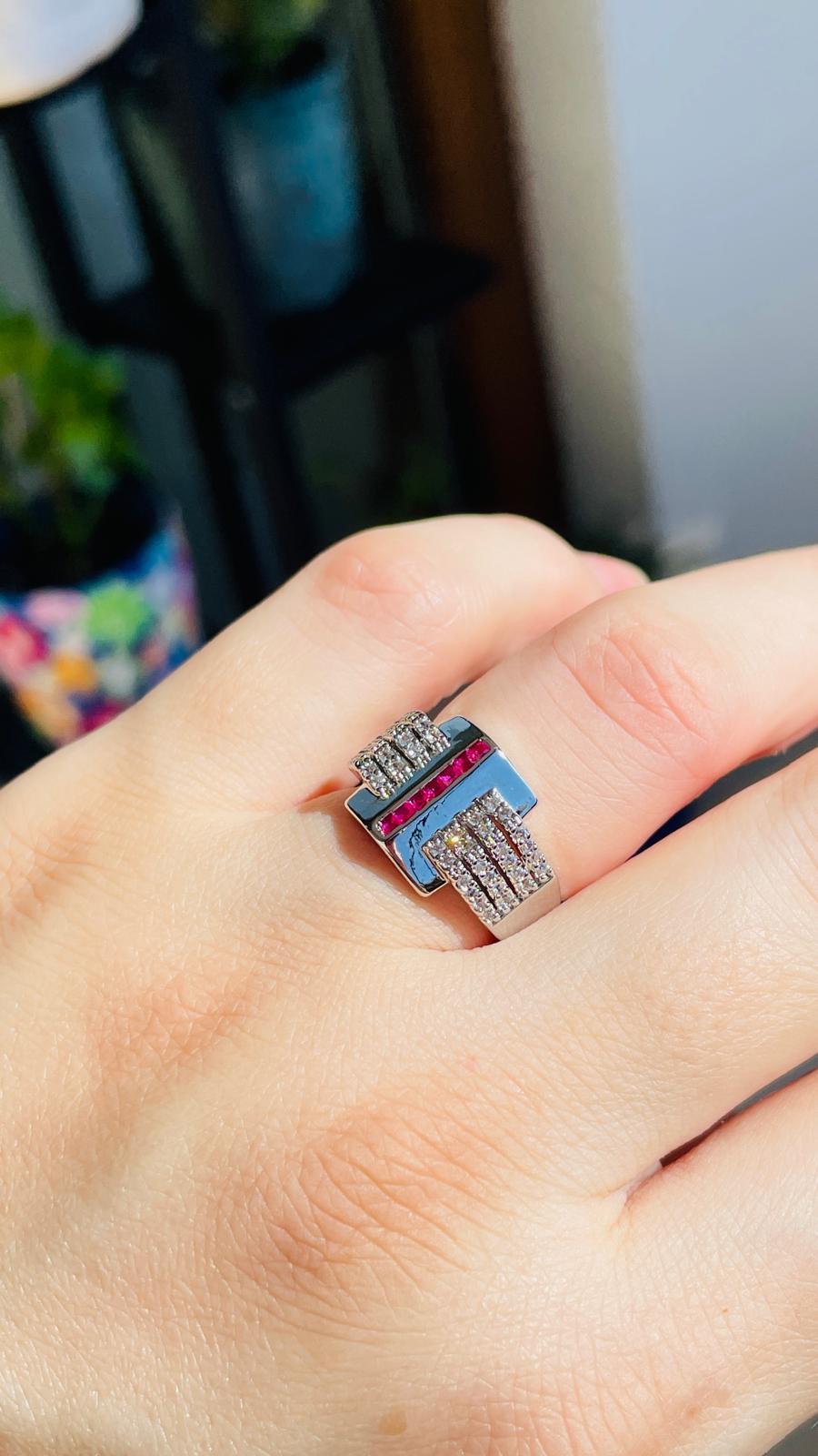 Dikdörtgen Fuşya Taşlı Silver Ayarlanabilir Yüzük