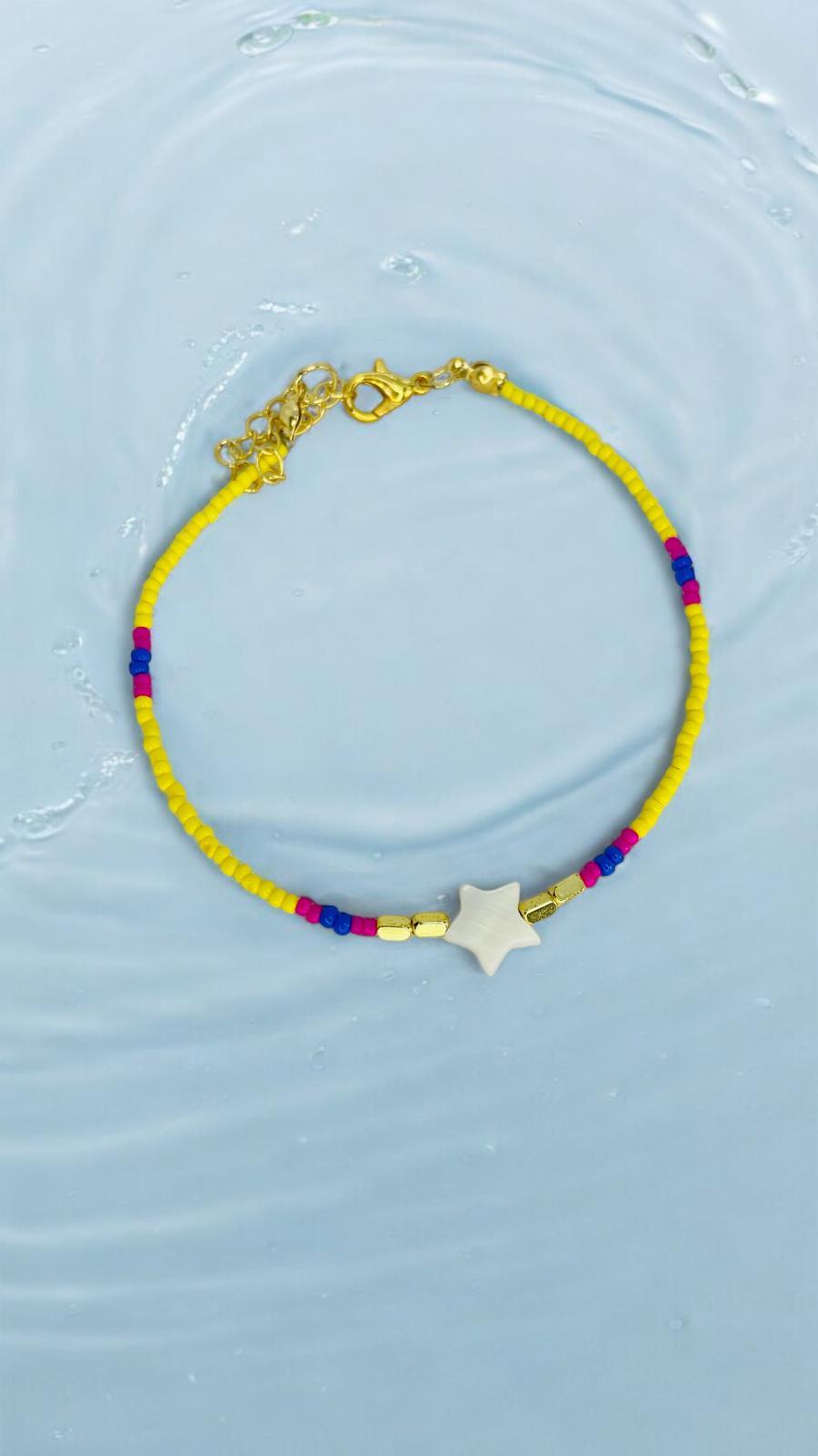 Sarı Kum Boncuklu Yıldız Detaylı Bileklik ya da Halhal