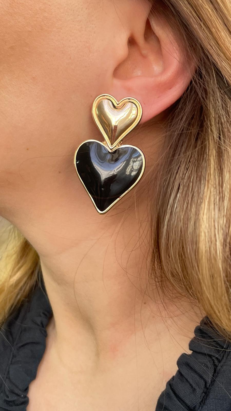 Siyah Mİneli Gold Kalp Küpe