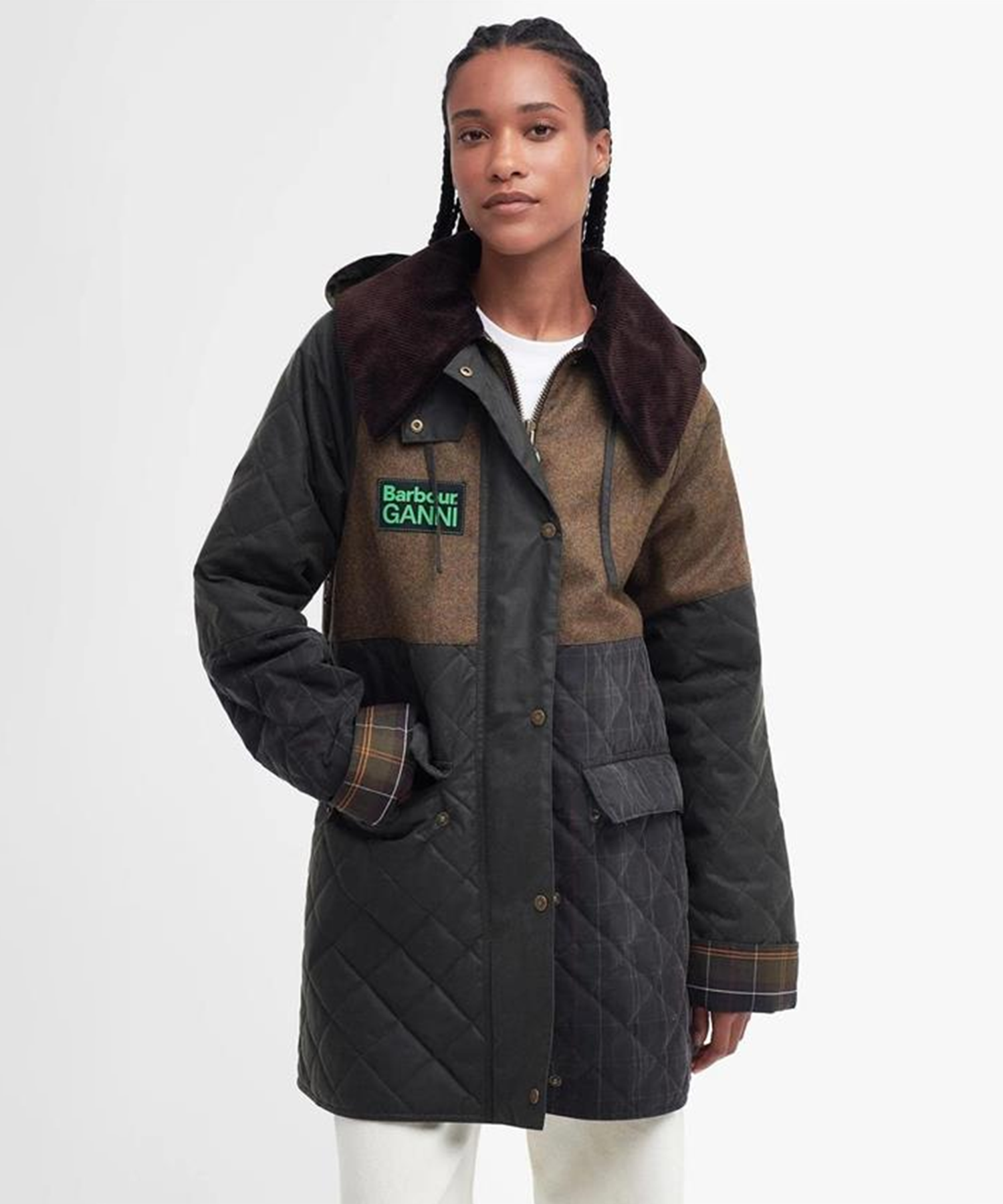Barbour x GANNI Burghley Kapitone Yağlı Ceket OL51 Archive Olive