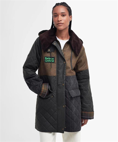 Barbour x GANNI Burghley Kapitone Yağlı Ceket OL51 Archive Olive