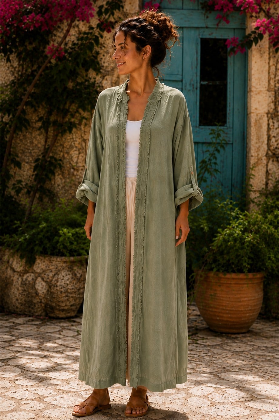 Kışın keten giyim - haki püsküllü keten kaftan
