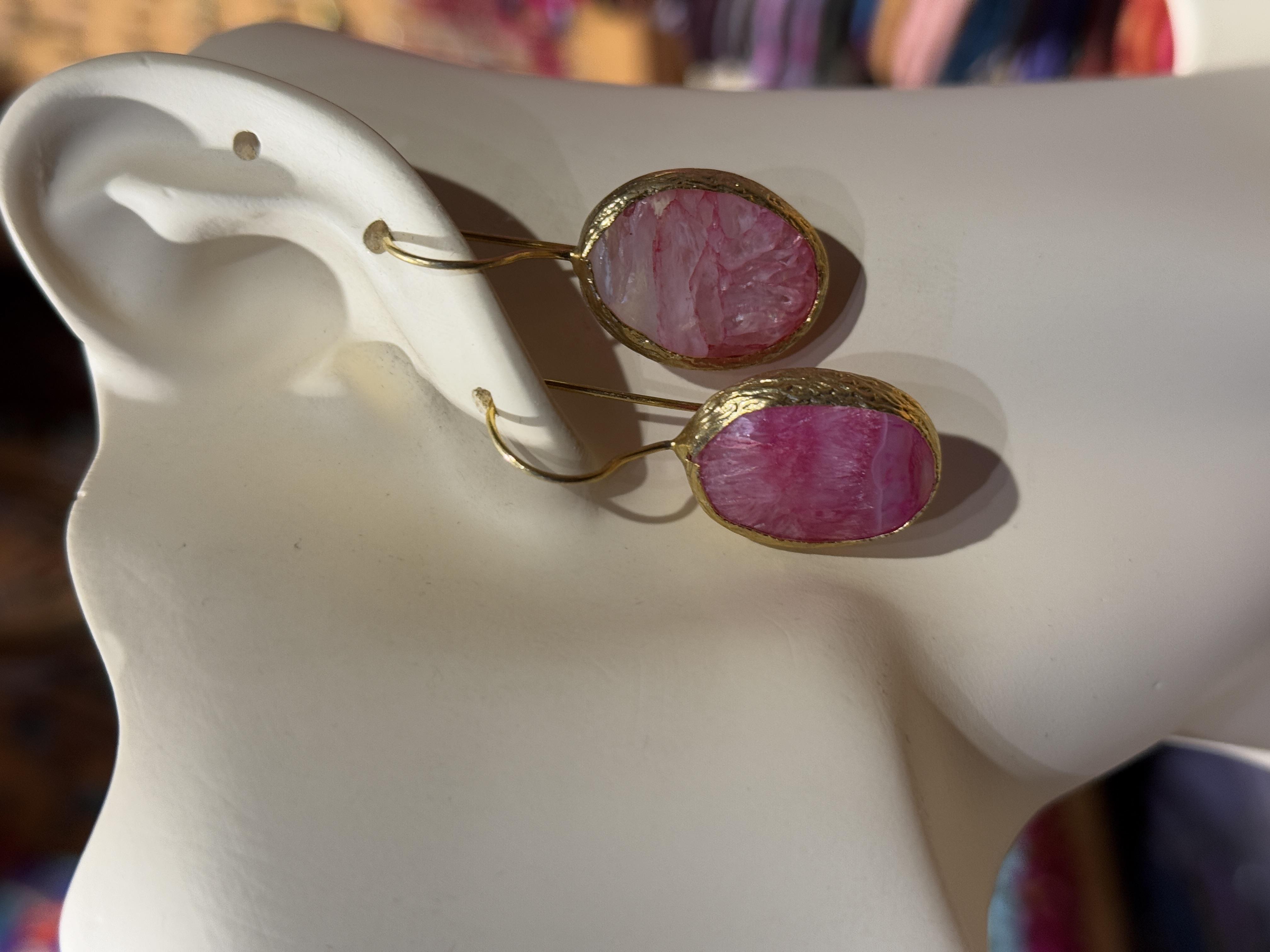 Altın Kaplama Pembe Jade Taşlı Küpe