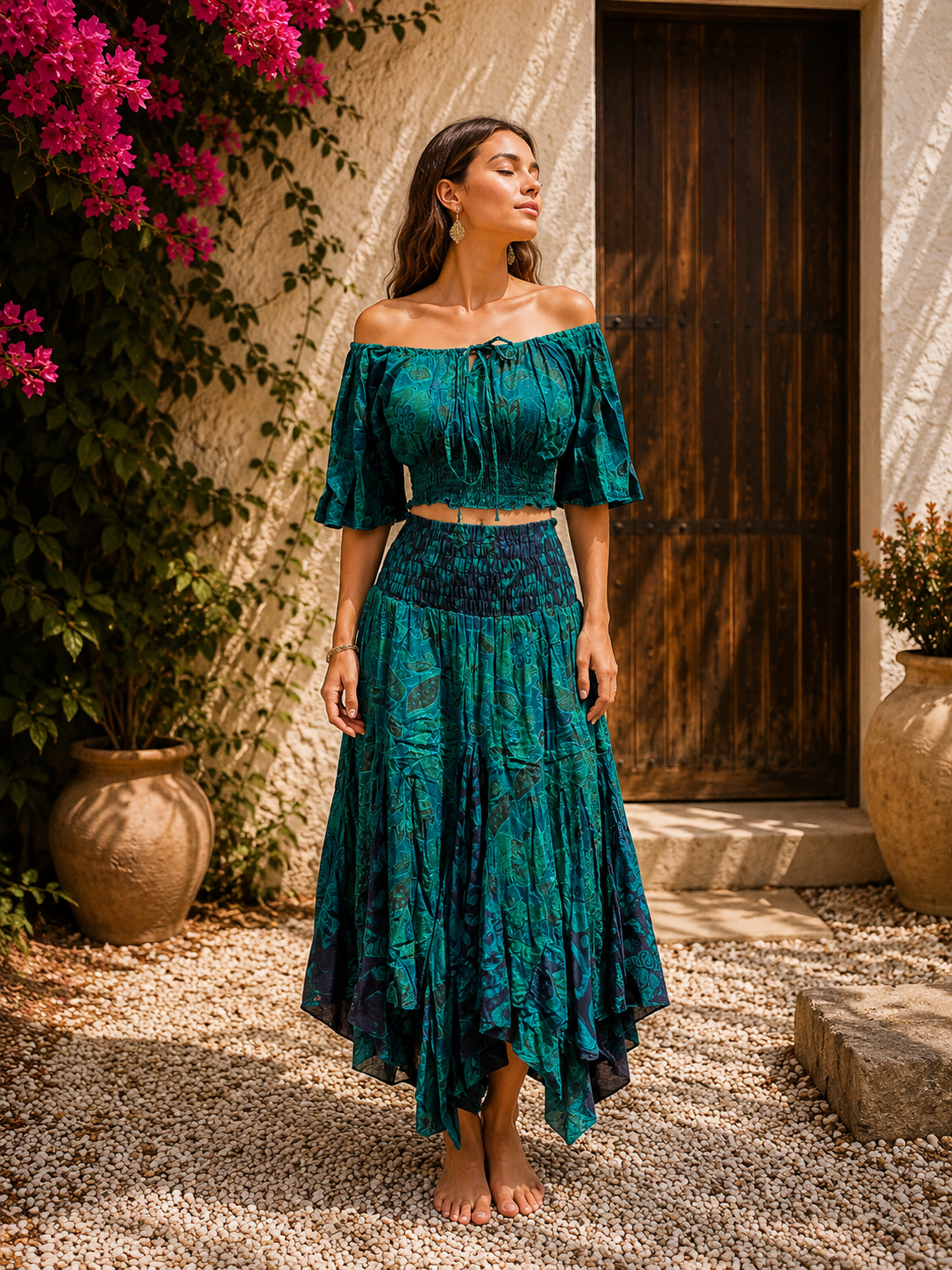 Anka Koyu Yeşil Renk Desenli Bohem Crop Bluz Ve Asimetrik Etek Takım