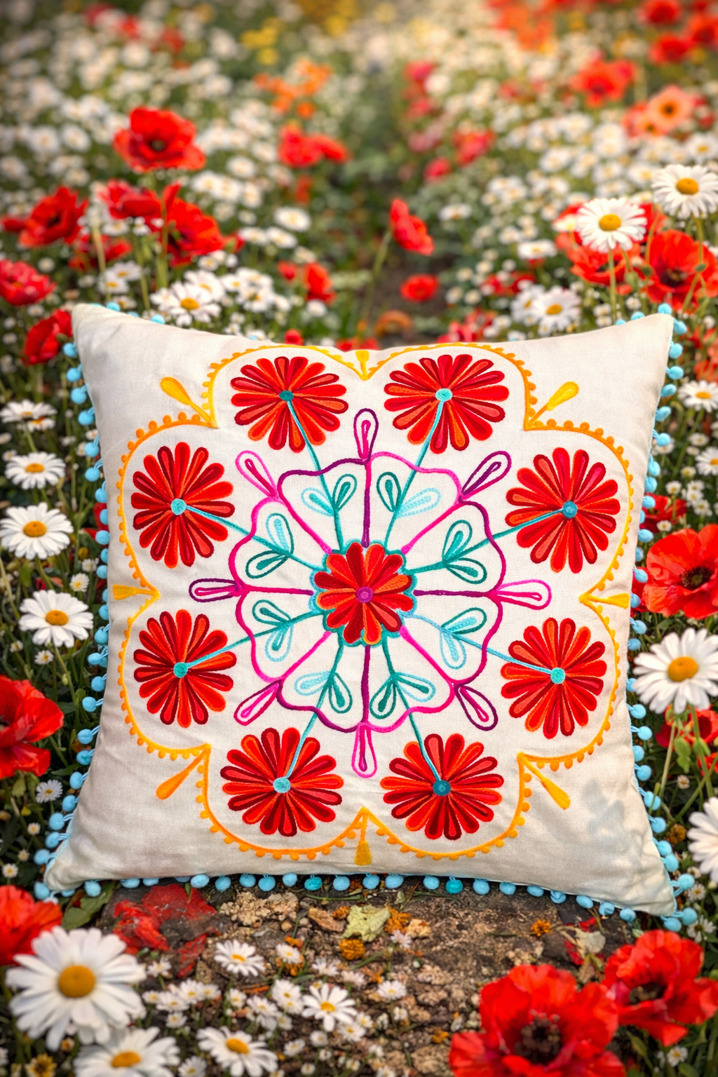Beyaz Renk Yaz Bahçesi Mandala Nakışlı Ponponlu Bohem Yastık Kılıfı 50cmX50cm