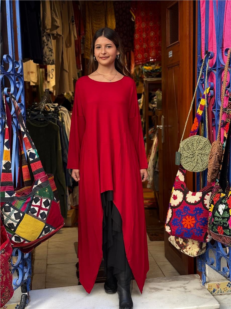 Bordo Renk Asimetrik Maxi Uzun Tunik