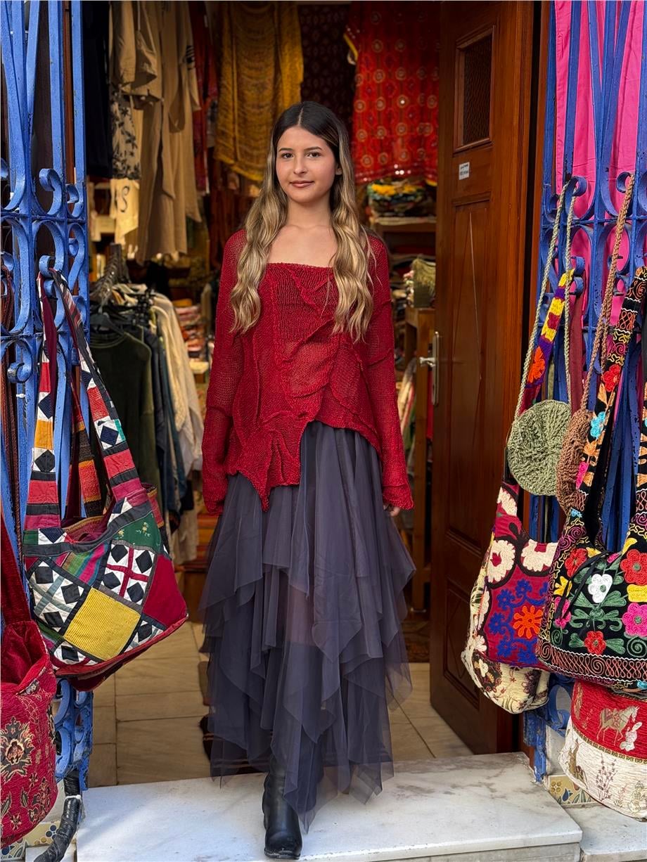Bordo Renk Melanie Dikiş Detaylı Merserize Bluz