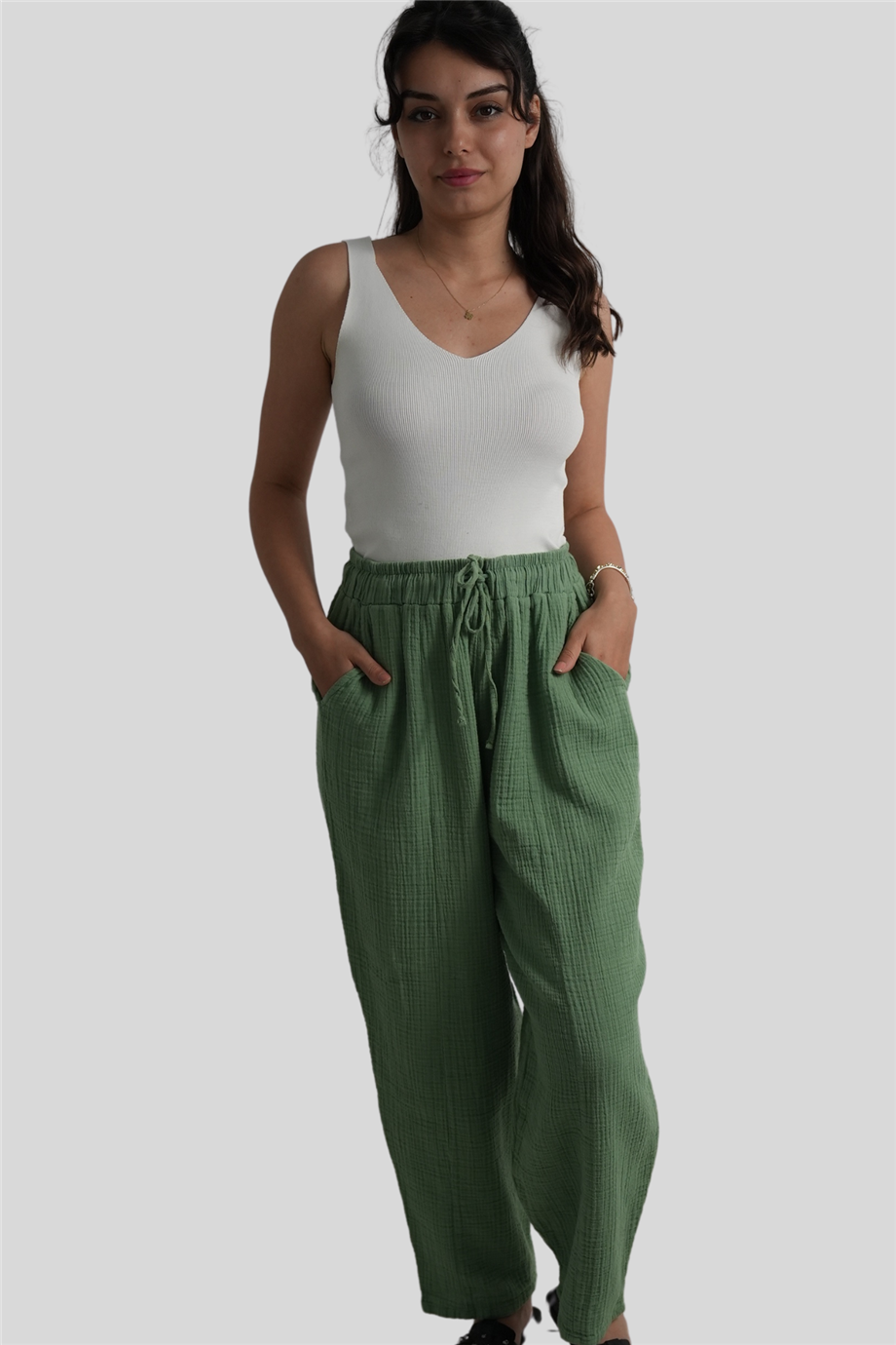 Haki Beli Lastikli Müslin Pantolon