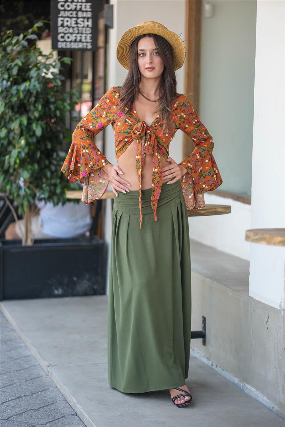 Haki Renk Beli Lastikli Drape Detaylı Otantik Etek