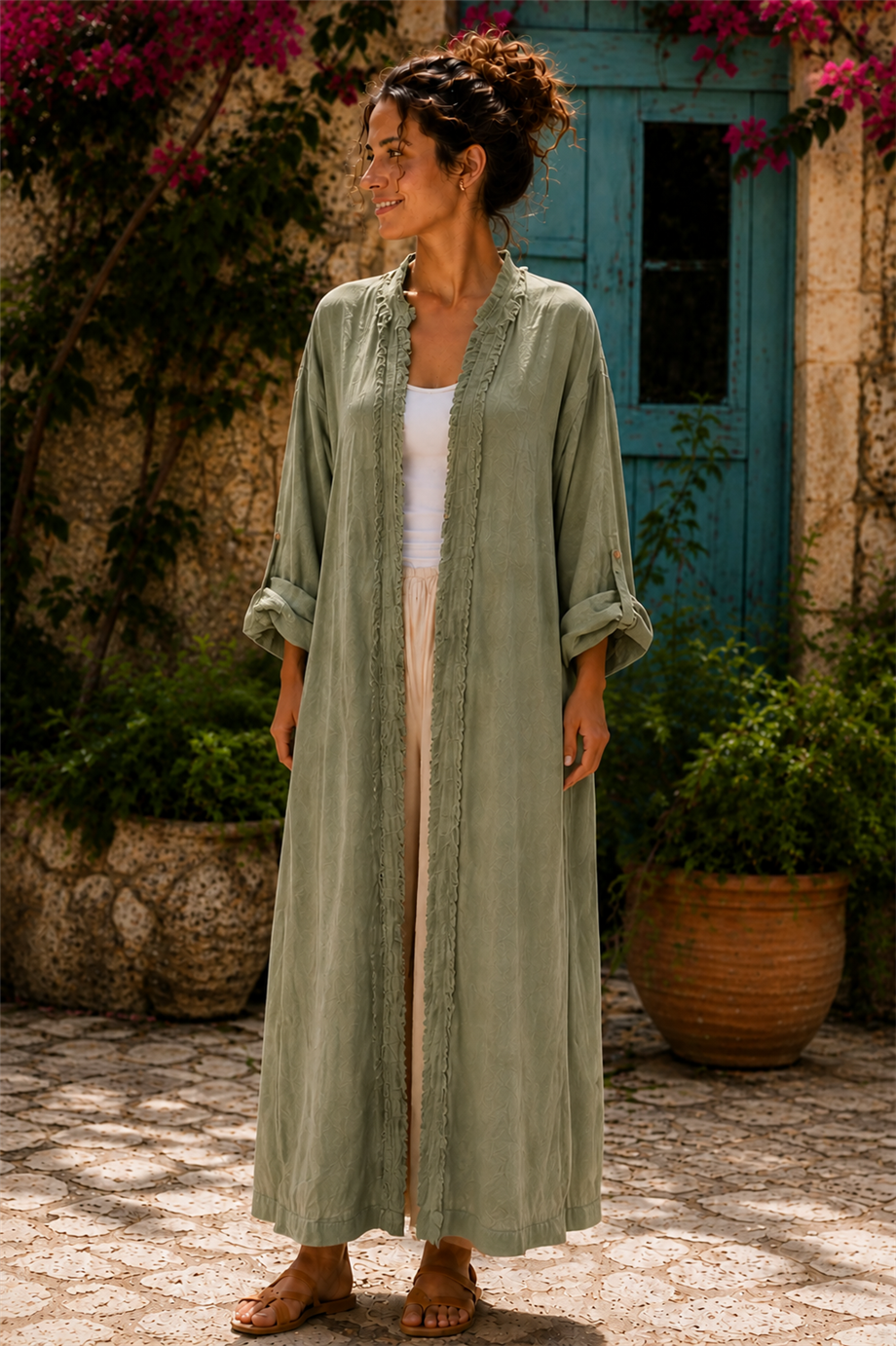Haki Renk Bohem Püsküllü ve Cep Detaylı Keten Kaftan