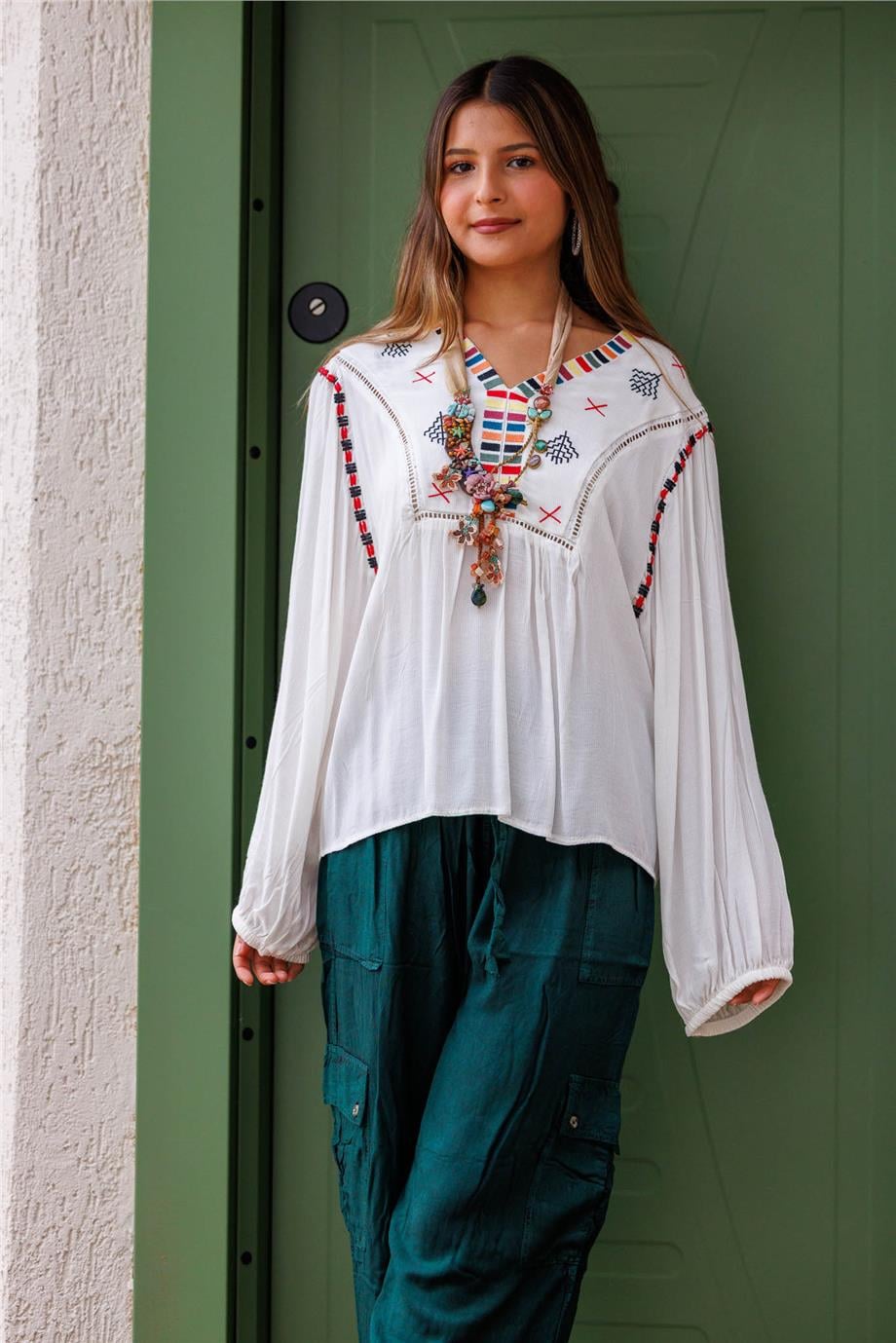 Haki Renk Boho Nepal Yandan Cepli Jogger Pantolon
