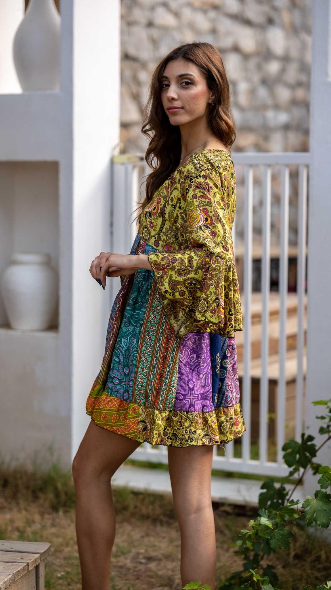 İthal Özel Tasarım Üç Düğmeli Patchwork Rayon Bluz