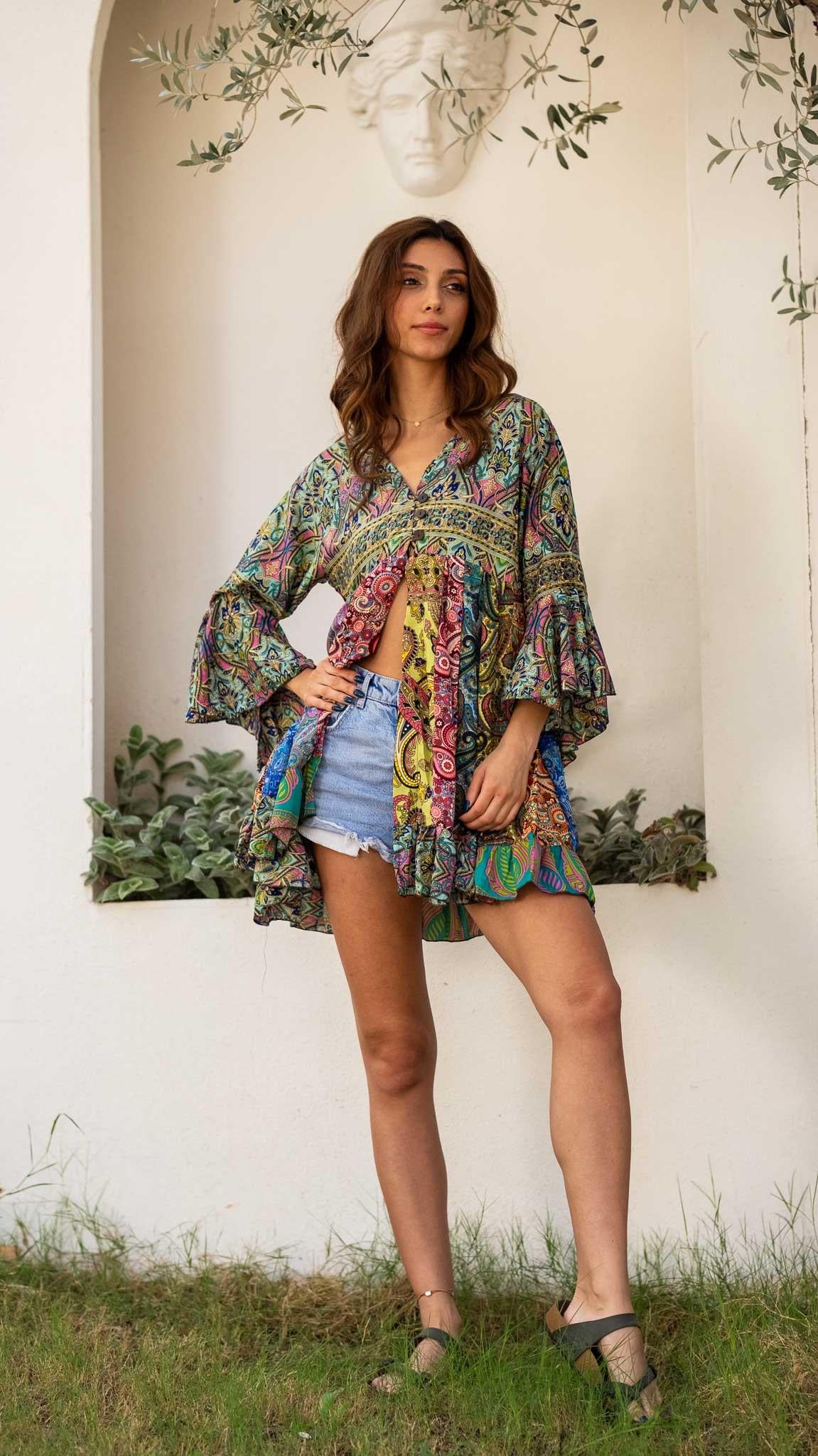 İthal Özel Tasarım Üç Düğmeli Patchwork Rayon Bluz