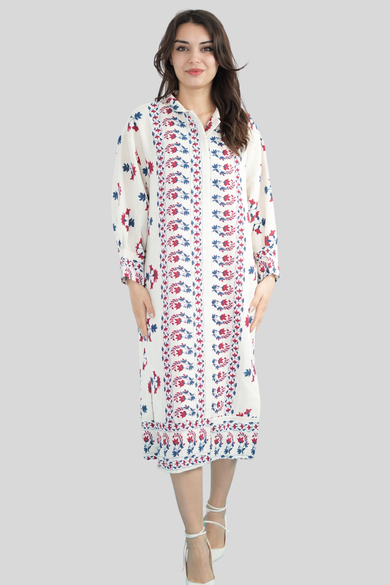 Krem Düğme Detaylı Kaftan