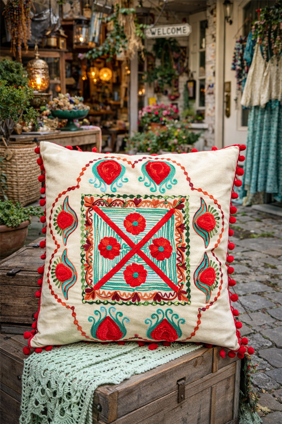 Krem Renk Aşk Tılsımı Nakışlı Ponponlu Bohem Yastık Kılıfı 40cmX40cm