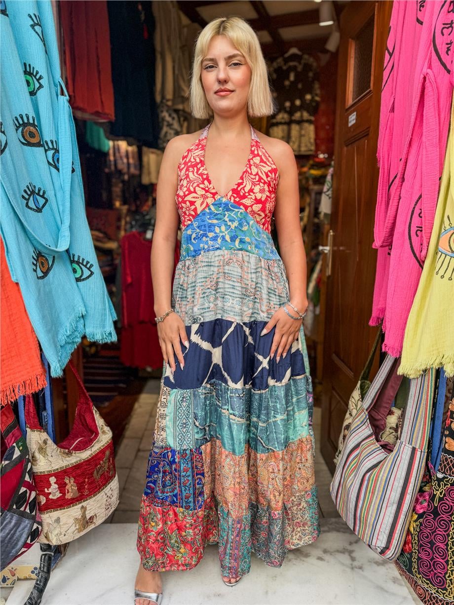 Lacivert Renk Gold Detaylı Boyundan Bağlamalı Patchwork İpek Elbise
