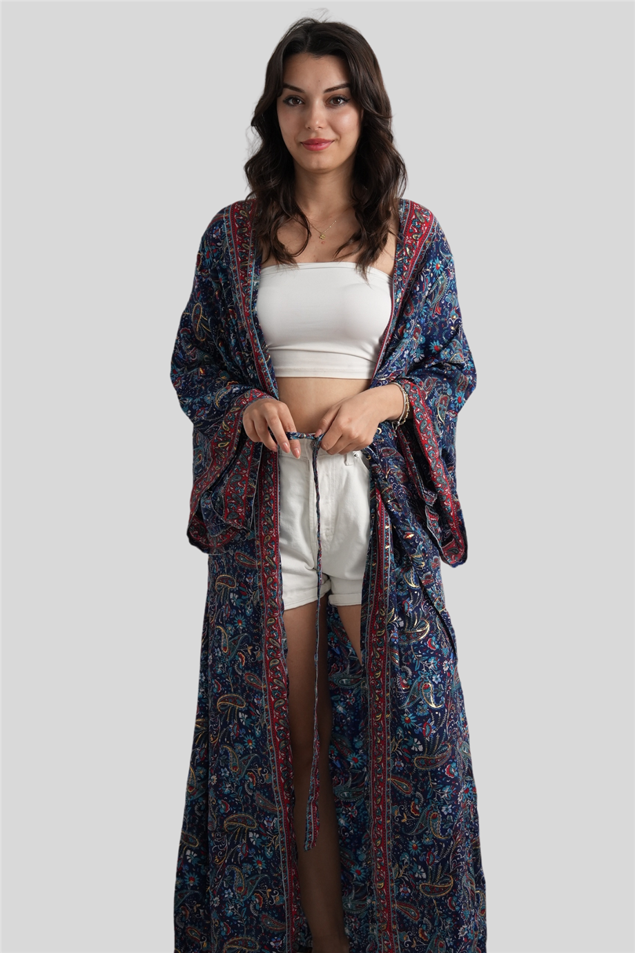 Lacivert Şal Desenli İpek Kaftan