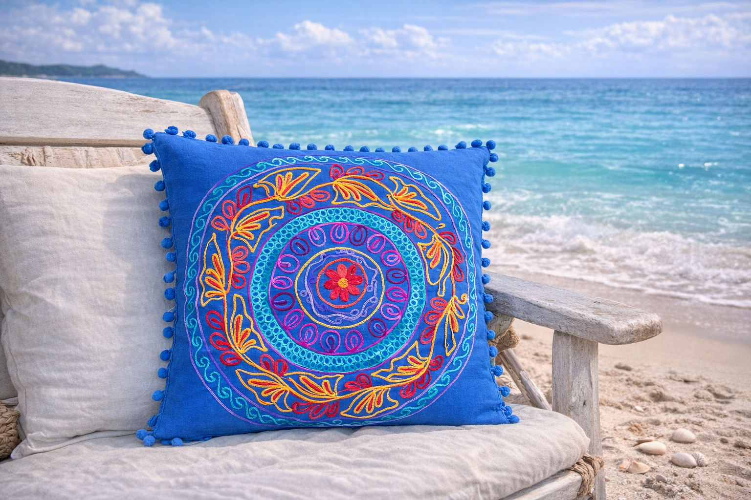 Mavi Renk Akdeniz Mandala Nakışlı Ponponlu Bohem Yastık Kılıfı 40cmX40cm