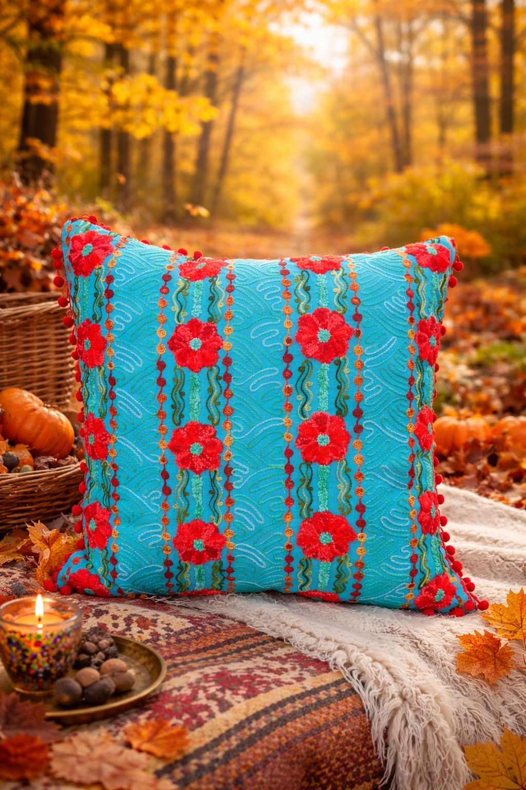 Mavi Renk Flora Nakışlı Ponponlu Bohem Yastık Kılıfı 50cmX50cm