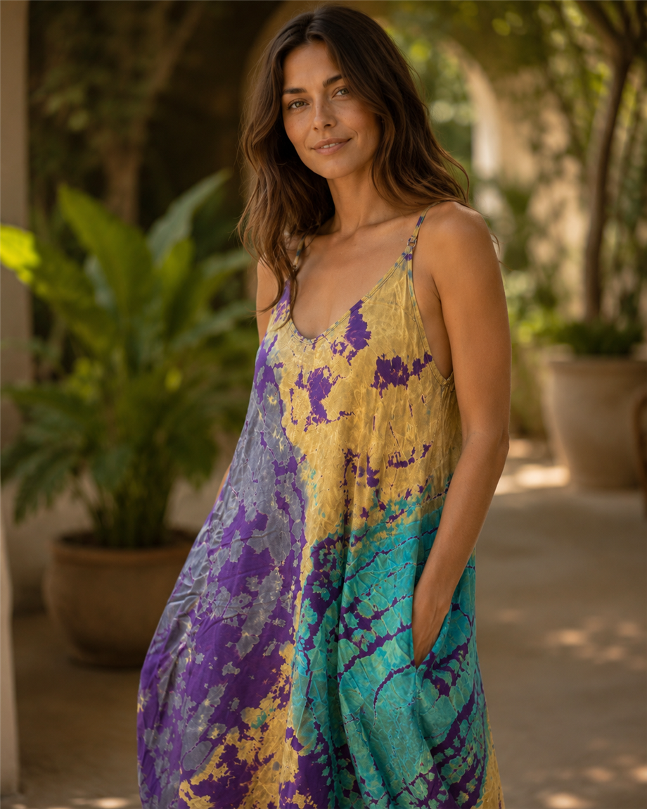 Mor Renk Batik Desenli Askılı Elbise