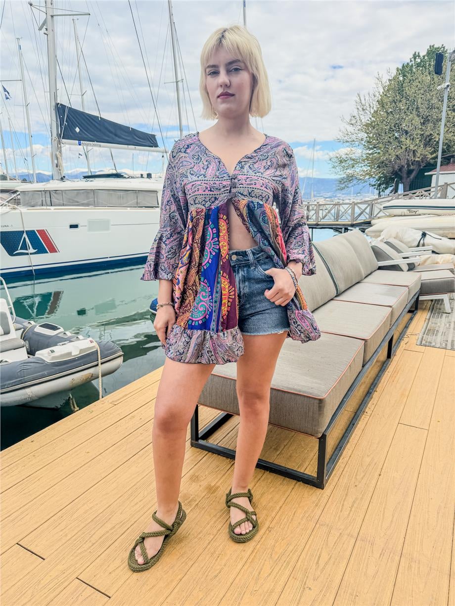 Mor Renk İthal Özel Tasarım Üç Düğmeli Patchwork Rayon Bluz