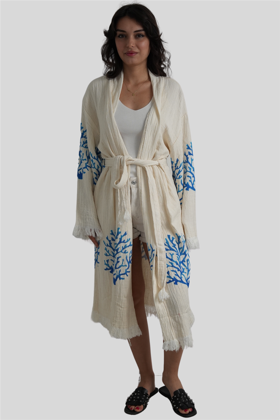Müslin Mavi Mercan Desenli Kimono