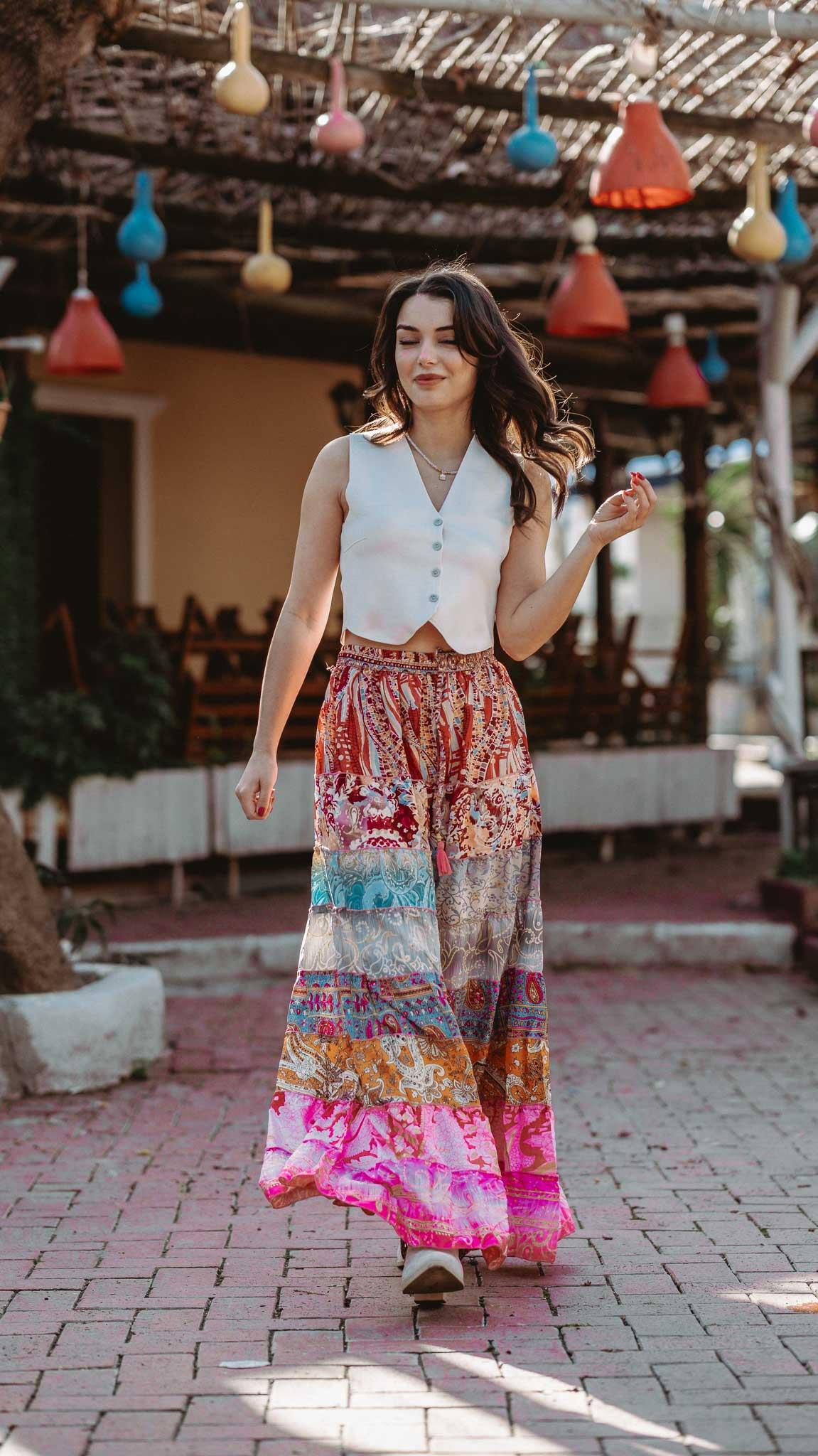 Pembe Bohem Patchwork Palazzo İpek Pantolon