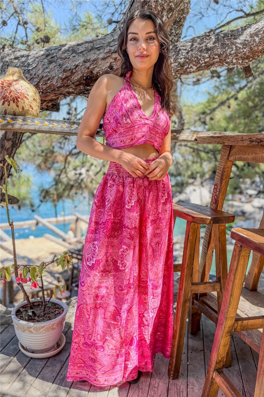 Pembe Renk Gold Detaylı İpek Pantolon Crop Kimono Takım
