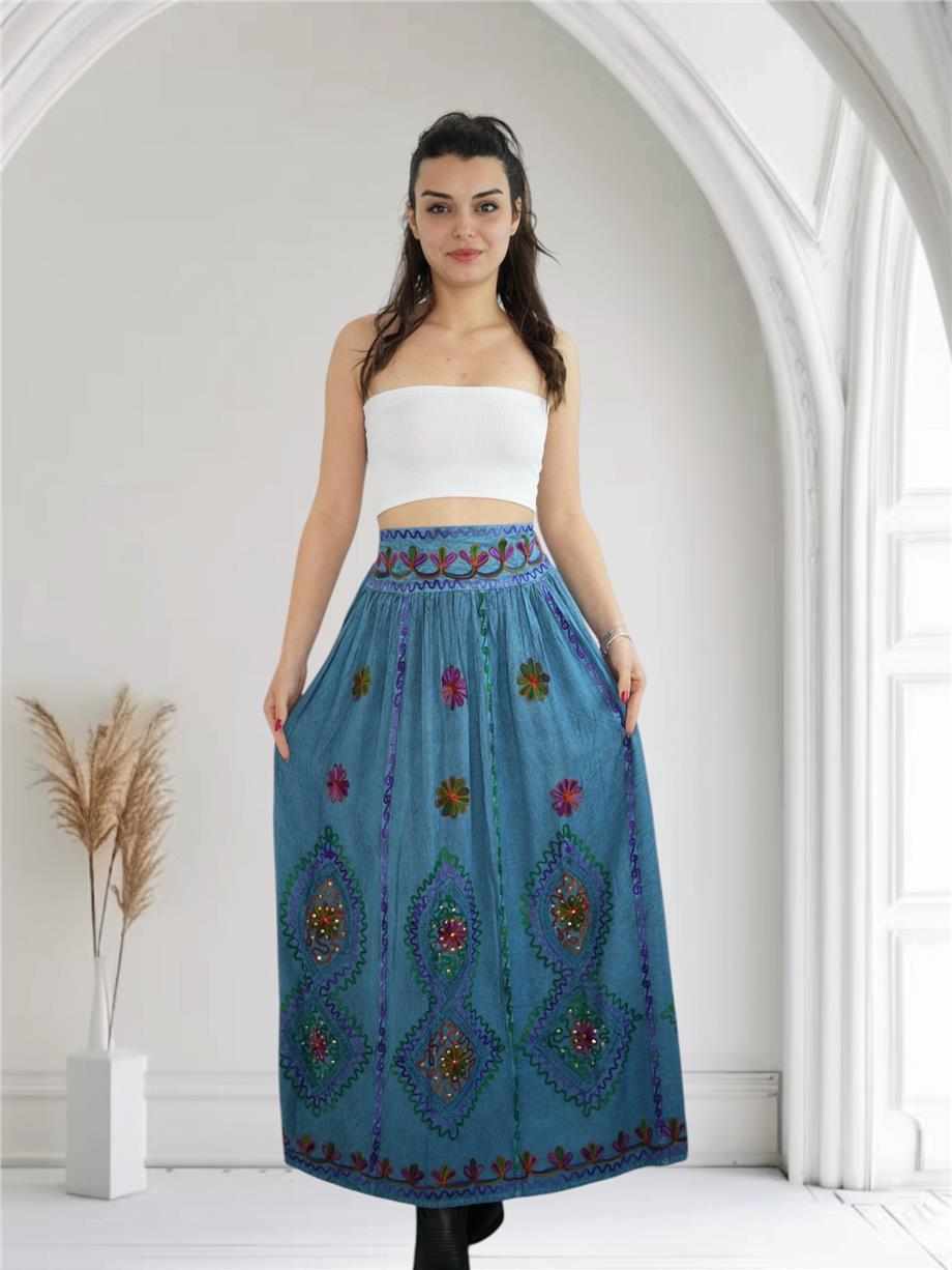 Petrol İşlemeli Uzun Etek