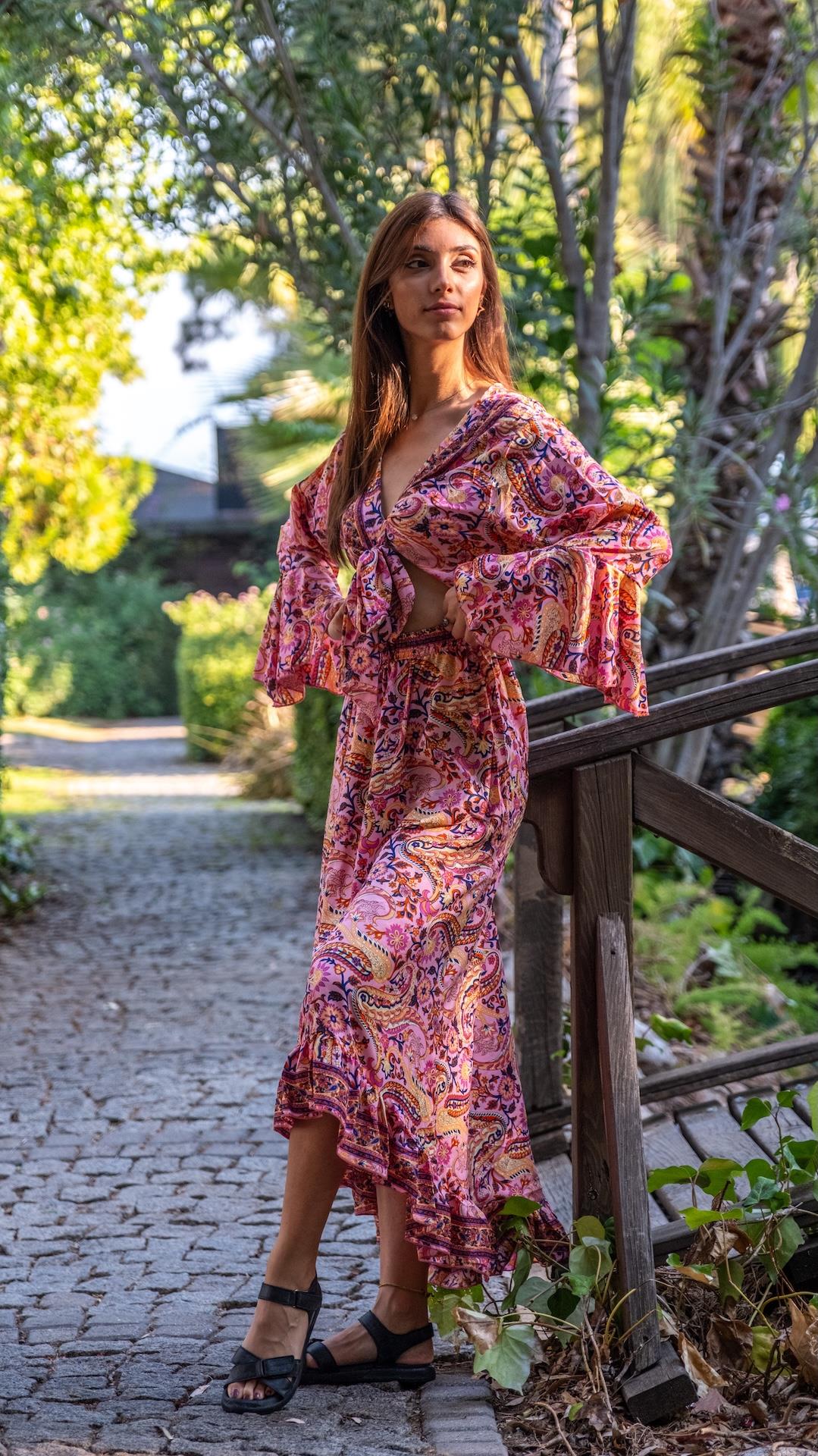Romantik Bohem Bağlama Detaylı İpek Elbise 
