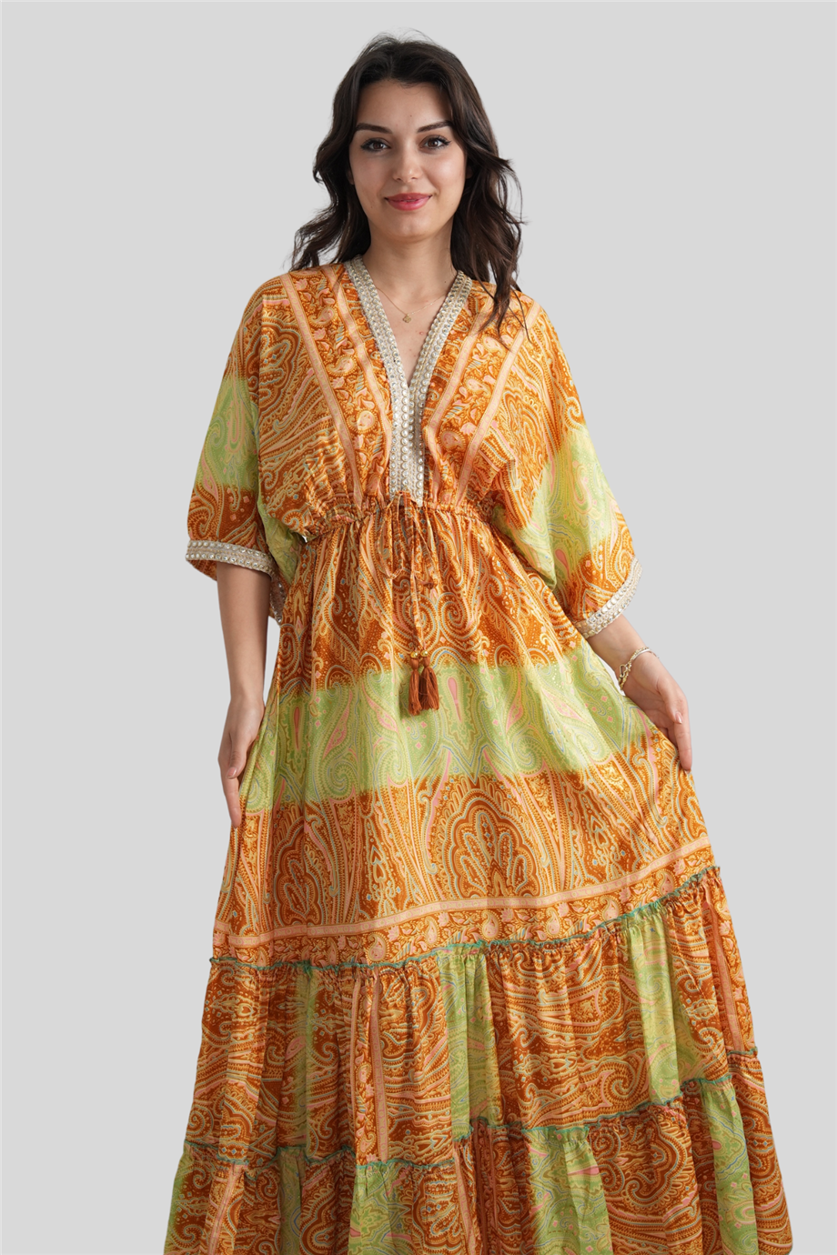 Sarı Ön Arka V Yaka Pul Detaylı İpek Elbise