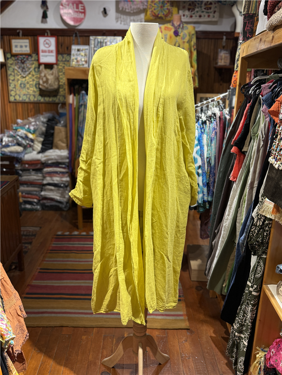 Sarı Renk Bohem Sırtı Dantel Detaylı Keten Kaftan