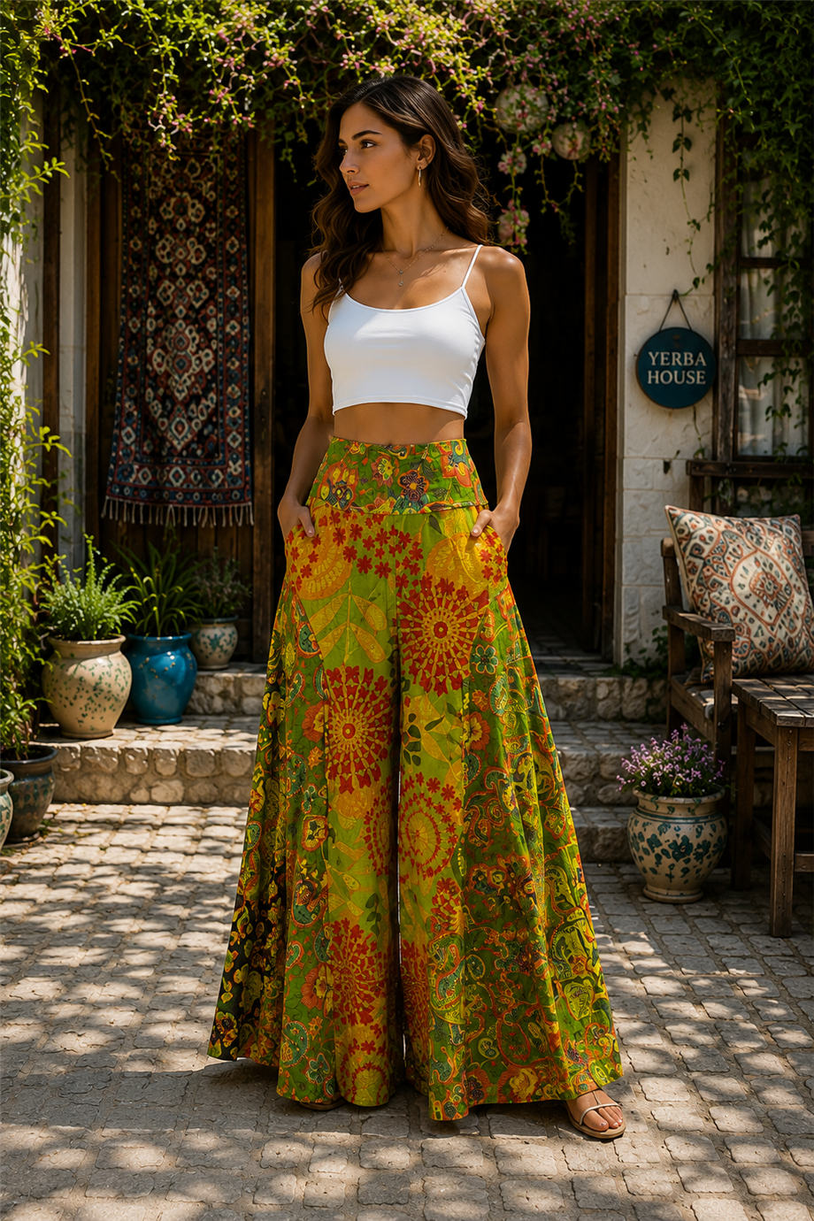 Shanti Yeşil Renk Mandala Desenli Bol Paça Salaş Pantolon