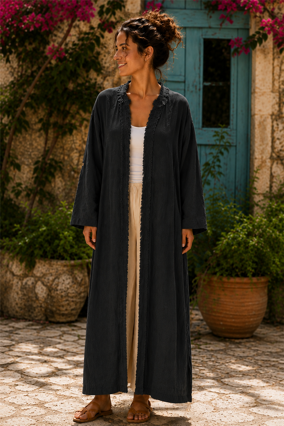 Siyah Renk Bohem Püsküllü ve Cep Detaylı Keten Kaftan