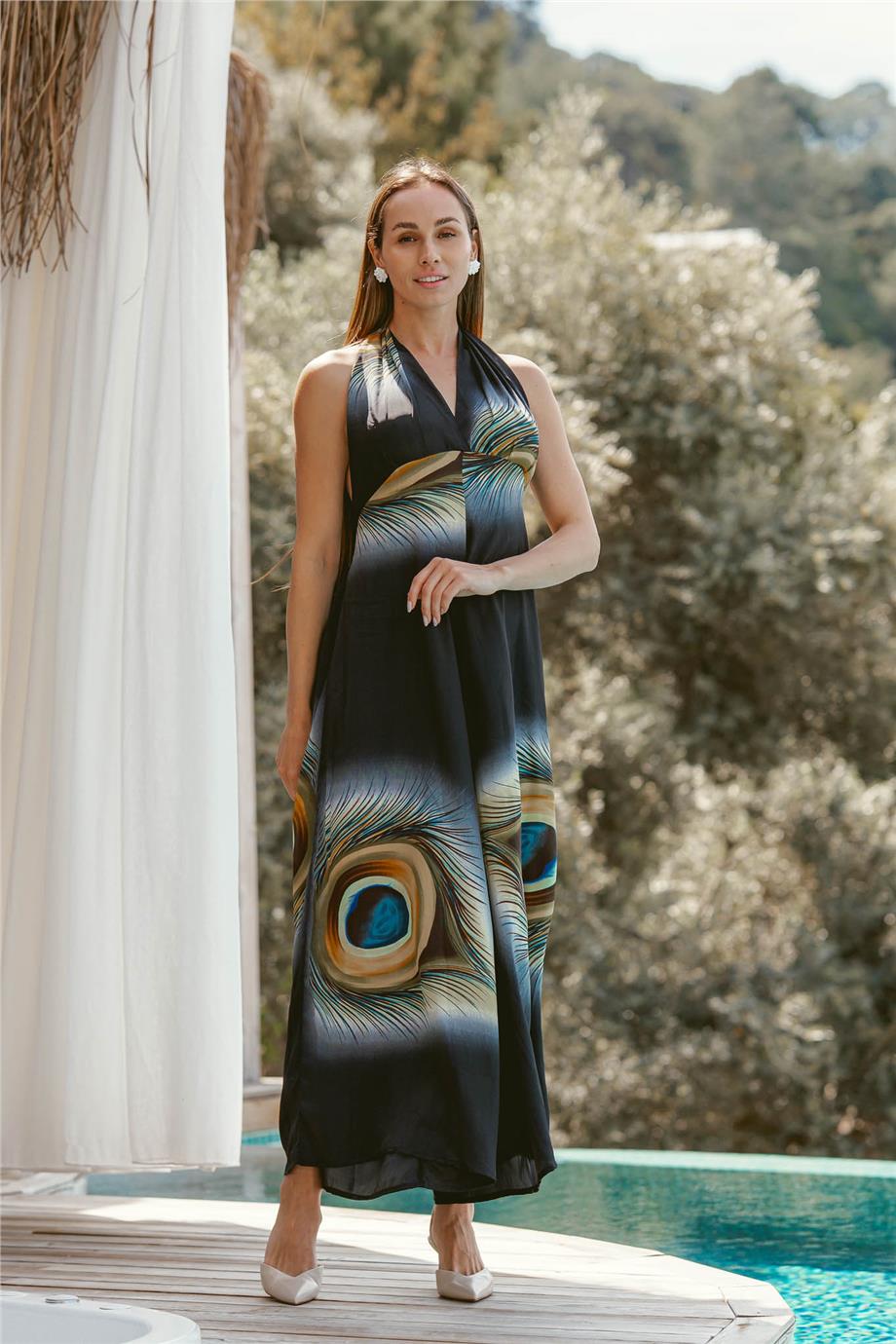 Siyah Sonsuz Yaz Desenli Boyundan Bağlamalı Sırtı Açık İpek Tulum