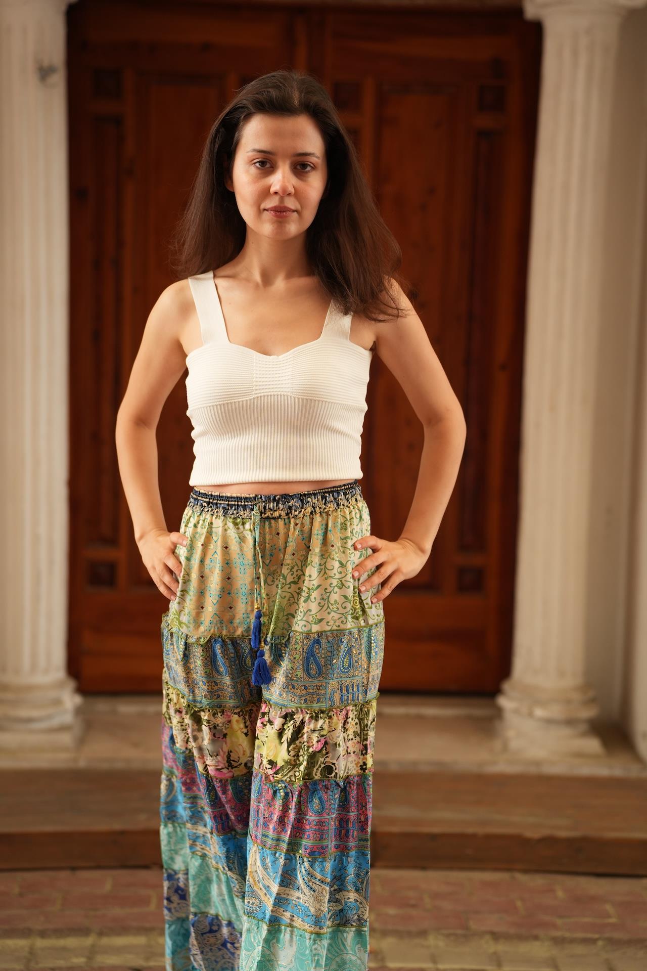 Turkuaz Bohem Patchwork Palazzo İpek Pantolon