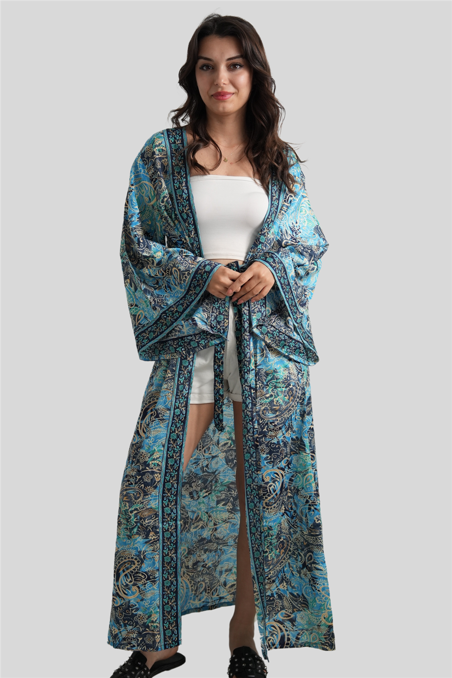 Turkuaz Çiçek Desenli İpek Kaftan