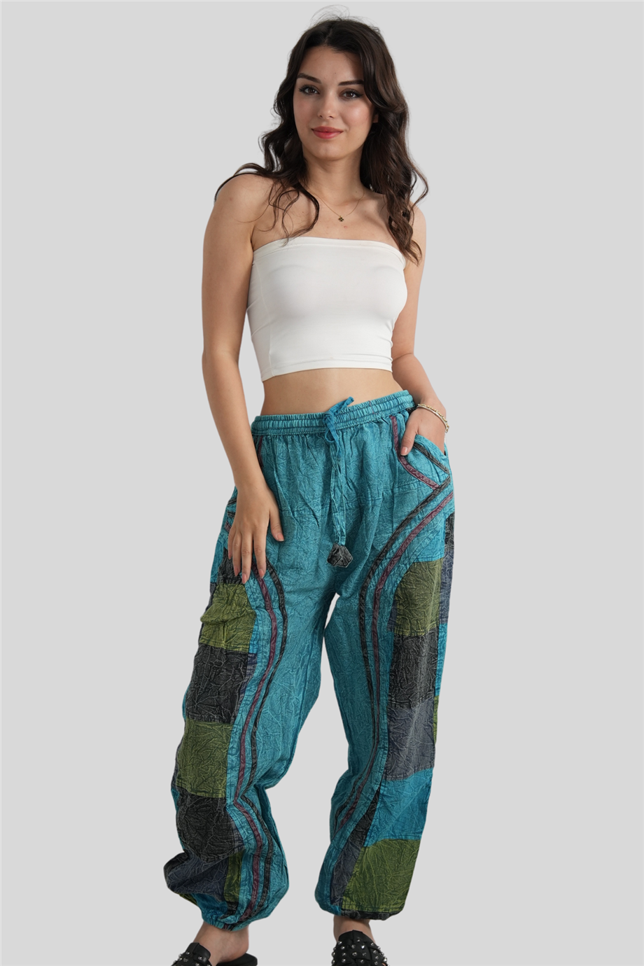 Turkuaz Unisex Bohem Nepal Patchwork Pantolon