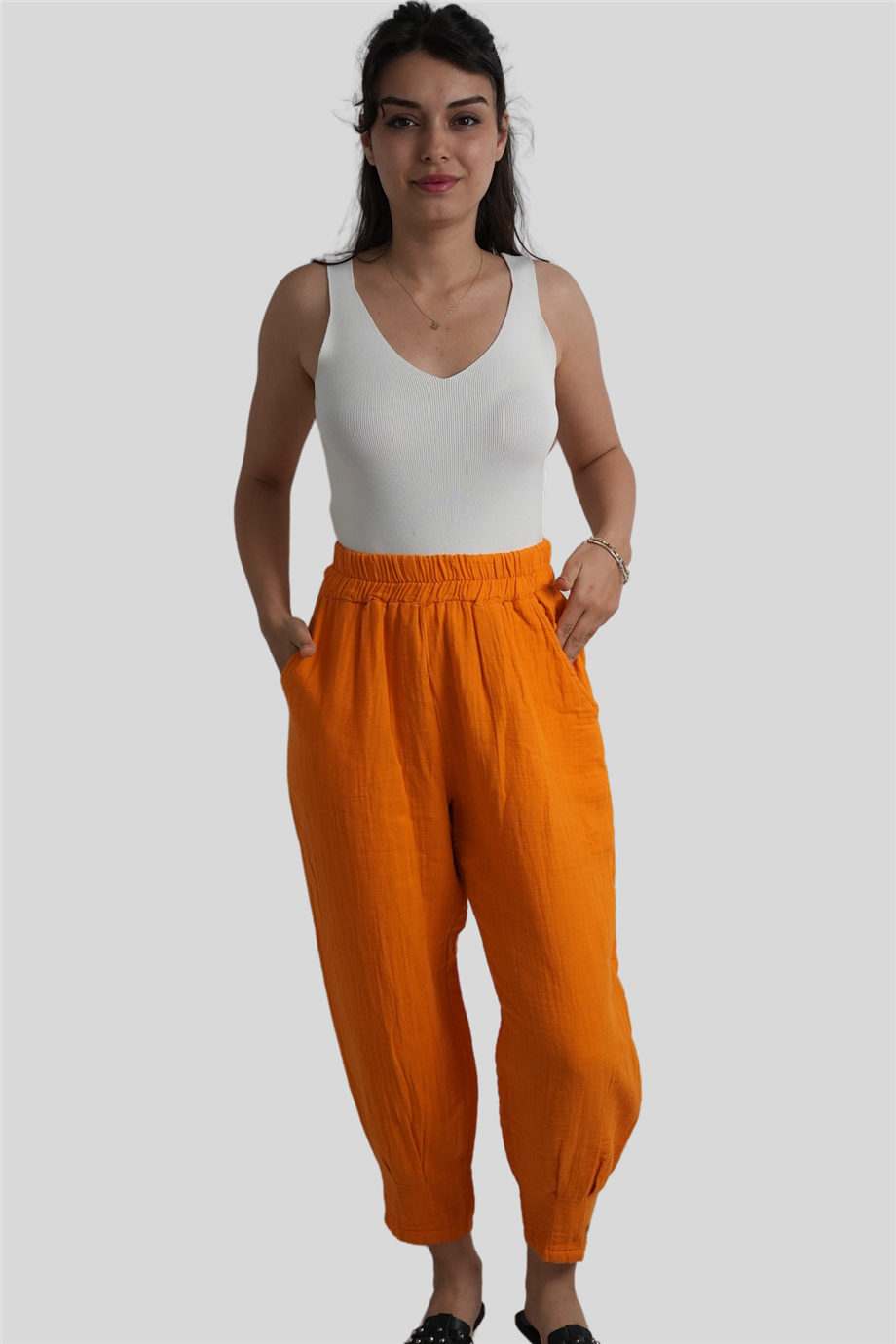 Turuncu Beli Lastikli Müslin Pantolon
