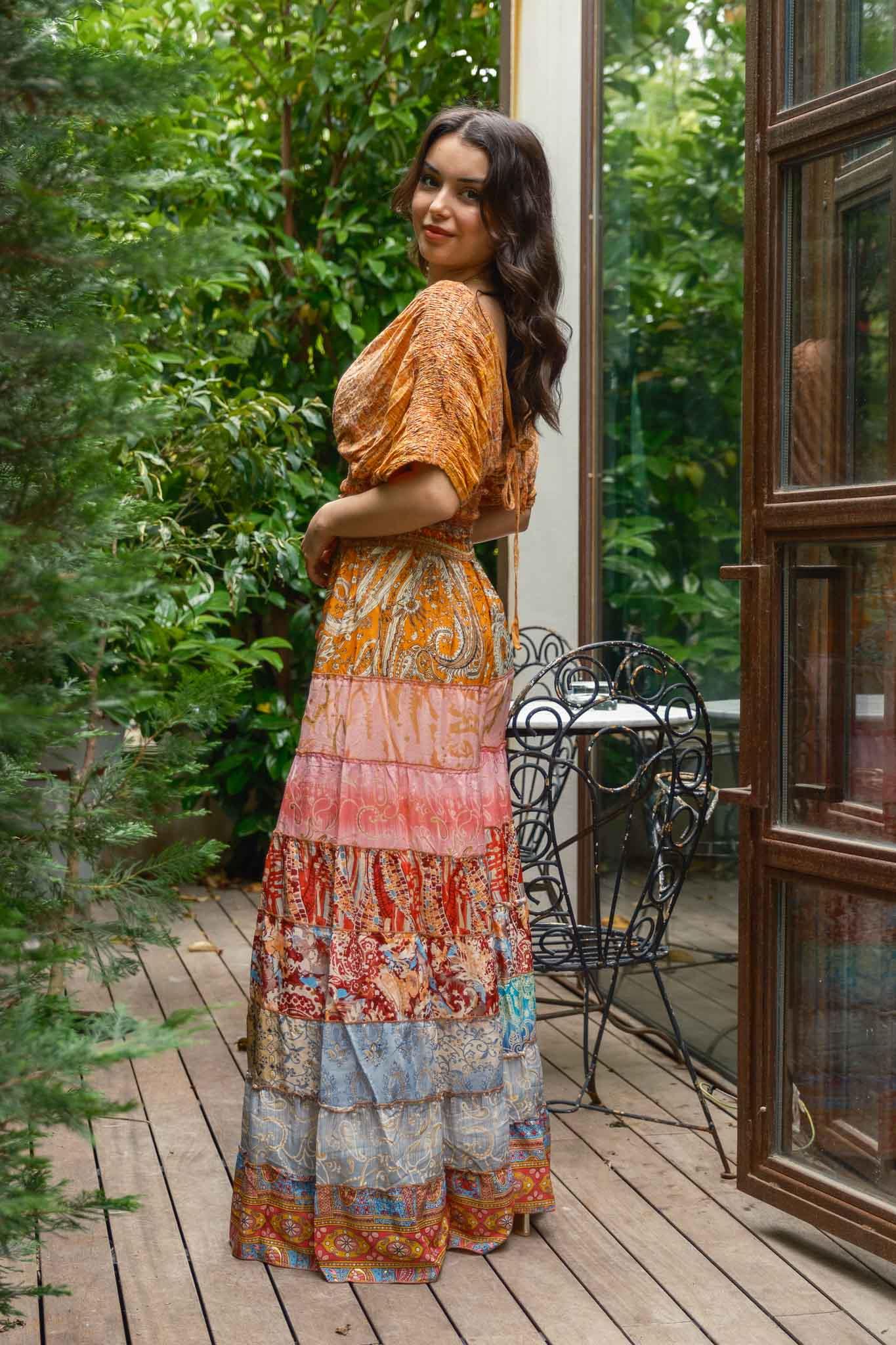 Turuncu Bohem Patchwork Palazzo İpek Pantolon