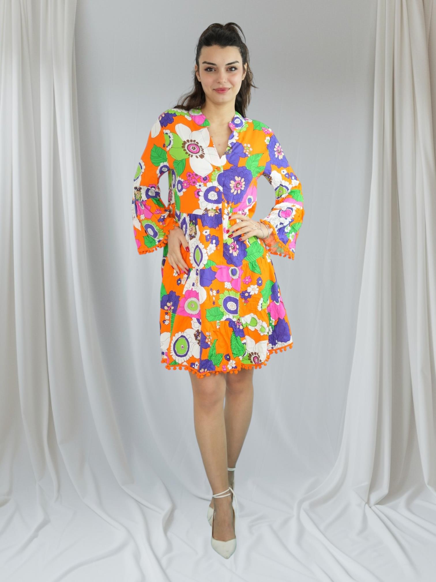 Turuncu Ponponlu Kısa Elbise