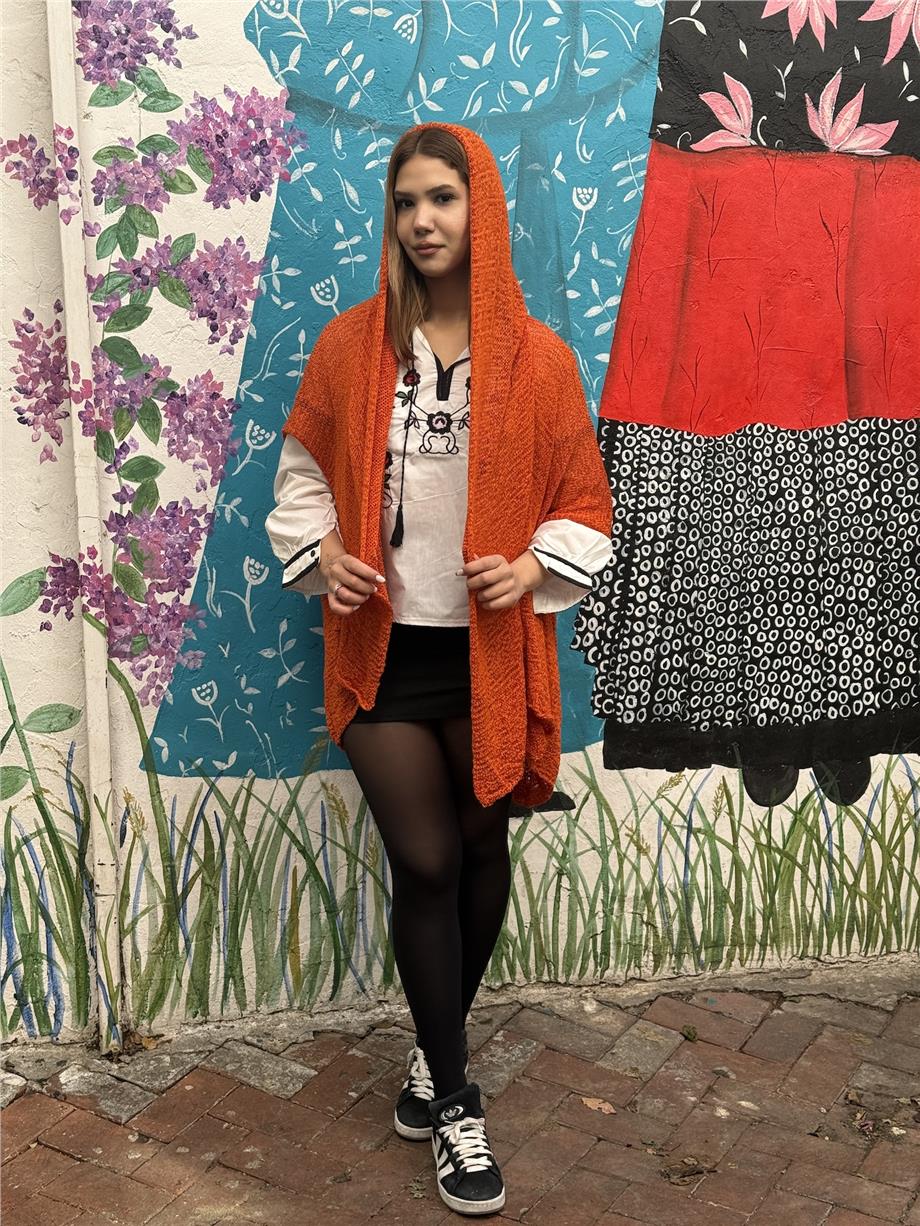 Turuncu Renk Kapüşonlu Merserize Hırka 