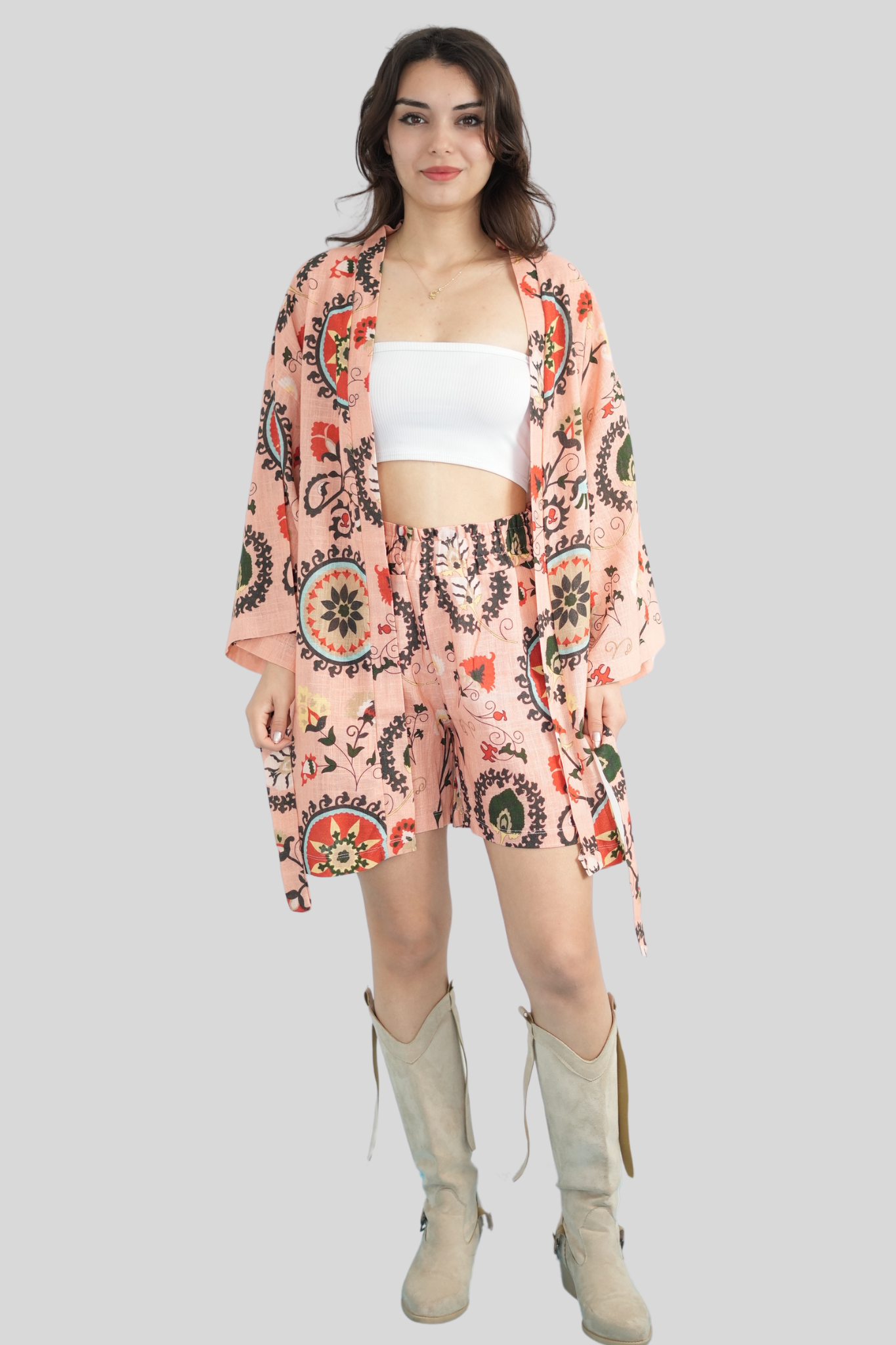 Yavruağzı Renk Keten Şort Kimono Takım