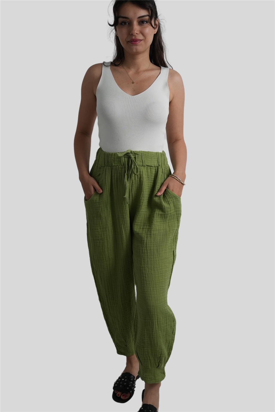 Yeşil Beli Lastikli Müslin Pantolon
